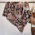 Retro floral cotton-linen feel square scarf with vintage botanical patterns and hand-rolled edges - Pink Floral (FW-99-Pink)
