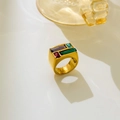 Detailed close-up of 18K gold plated ring with colorful rectangular inlaid gemstones - US 6 / Multicolor Rectangular Zirconia