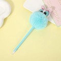 Penna gel a forma di gufo azzurro con pompon soffice e occhi simpatici su sfondo giallo - Penna Pompon Figura Blu