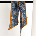 Retro blue floral cotton-linen narrow scarf with orange satin border on display - Navy Blue (XY-1)