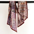 Vintage silk twilly scarf with retro architectural print and elegant brown rolled edges - 21x144cm / Architecture Print Red Border