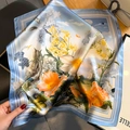 Floral Hangzhou silk scarf with vintage print and elegant satin sheen for women - 53x53cm / Sky Blue