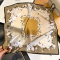Elegant silk floral square scarf in gold and white with stylish geometric patterns - 53*53cm / Natural With Coffee Edge