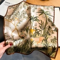 Silk square scarf with tropical jungle print featuring monkeys and leopards for women - 53x53cm / Champagne Tropical Jungle (ZS-447-Brown Border)