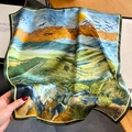 Artistic landscape silk scarf with oil painting print and dark green border edge - 53x53cm / Grass Green