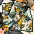 Elegant floral oil painting style silk square scarf with vibrant deep green and yellow colors - 53x53cm / Abstract Oil Painting (Green Edge)