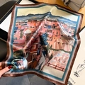 Elegant silk square scarf with vintage architectural print and smooth satin texture - 53*53cm / Brown Edge (ZS-456)