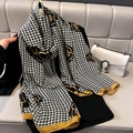 Elegant houndstooth silk shawl with golden rose print and satin trim for women - 90*180cm / Black Gold Rose Houndstooth (F-73-1)