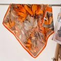 Lightweight orange silk scarf with elegant tulip and butterfly prints for women - 68*68cm / Orange