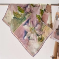 Floral silk square scarf with hand-painted lilac flowers hanging on a minimal metal rack - Pink Floral (FW-44-粉色) / 68*68cm