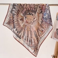 Close-up of lightweight printed silk square scarf with ethnic dreamcatcher pattern - Pink / 68*68cm