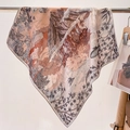 Artistic vintage silk scarf with mountain and aircraft print hanging on a metal rack - 68*68cm / Beige Border (FW-39)