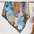 Retro floral cotton-linen square scarf with daisy print and elegant blue borders - 68*68cm / Blue Edge (FW-48)