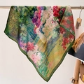 Pañuelo cuadrado de seda con estampado de pintura al óleo impresionista y flores - Estilo Cuadrado (68x68cm) / Verde (FW-57-Verde)