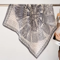 Elegant off-white silk square scarf with vintage tassel motifs and geometric border - 68x68cm / Beige Grey
