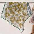 Elegant square scarf with yellow and green rose floral print hanging on a bar - 68*68cm / Beige