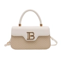 Chic beige and white contrast shoulder bag with golden B hardware and woven texture - White