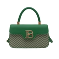 Chic green leather and grey herringbone handbag with gold B-shaped metal buckle - Green