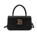 Chic black litchi pattern handbag with gold B logo buckle and detachable strap - Black