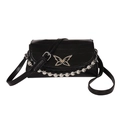 Fashionable black shoulder bag with silver butterfly charm and metal bead chain detail - Black