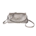 Silver metallic crossbody bag with beaded trim and decorative butterfly logo ornament - Silver