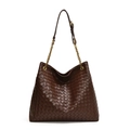 Retro woven leather bucket bag in dark brown with adjustable strap and gold chain - Coffee