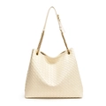 Chic beige woven leather bucket bag with gold chain strap for versatile everyday commuting - White