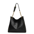 Classic black woven leather tote bag with gold chain strap and large capacity - Black