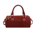 Sac seau cylindrique en cuir rouge foncé avec logo doré et bandoulière amovible - Rouge
