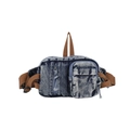 Retro washed denim chest bag with multi-pocket design and brown woven strap for women - Dark Blue