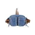 Marsupio vintage in denim blu scuro con cinturino marrone e doppie tasche zip - Blu