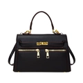 Sac à main chic noir style Kelly en cuir grainé avec finitions dorées élégantes - Noir