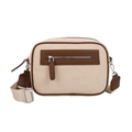 Borsa a tracolla in tela beige con finiture in pelle marrone e tracolla regolabile - Marrone