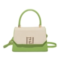 Fashionable macaron green leather handbag with canvas panel and gold geometric buckle - Green