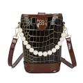 Retro bucket bag with pearl strap, black croc-embossed texture and glossy brown trim - Black