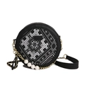 Black round crossbody bag with geometric embroidery, pearl accents and chain strap - Black