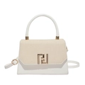 Minimalist white leather and beige woven handbag with gold geometric buckle and strap - White