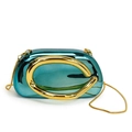Metallic blue acrylic evening clutch bag with round gold handle and shoulder chain - Mirror Green (7688)