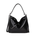 Glossy black hobo shoulder bag in oil wax leather with diagonal zipper and shoulder strap - Black