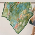 Artistic oil painting square silk scarf with Monet water lily style green print - Green Trim