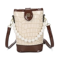 Beige bucket bag met krokodillenprint, parelhandvat en bruine lakleren details - Broken Wit