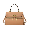 Sac à main classique kaki style Kelly en cuir grainé avec finitions dorées chic - Kaki