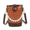 Orange and brown faux crocodile bucket bag with pearl handle and golden flower clasp - Orange