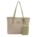 Grande borsa tote in paglia intrecciata beige con finiture in pelle verde e mini pochette - Verde