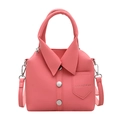 Pink shirt-shaped leather handbag with collar design and silver buttons in a front view - Pink