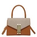 Brown and beige woven flap handbag with gold metal locks and top handle for women - Brown