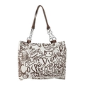 Graffiti canvas tote bag with brown leather straps and artistic cat burger patterns - Brown (Without Pendant)