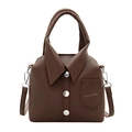 Dark brown pebbled leather handbag with unique shirt collar design and metallic buttons - Brown
