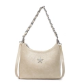 Sac croissant beige à texture plissée avec étoile argentée et bandoulière chaîne - Kaki
