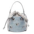 Bolso saco de mezclilla azul claro con mariposas plateadas y pedrería - Azul Cielo